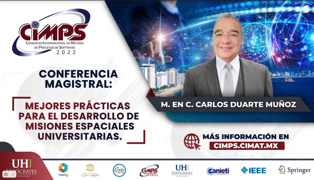 KarlozDuarte's tweet photo. Este jueves 20 de octubre de 20220a las 9 horas, tiempo de CDMX, impartiré la conferencia "Mejores prácticas para el desarrollo de misiones espaciales universitarias" en el #CIMPS
https://t.co/DfYUb5FpJP https://t.co/bhfvZ5JwgN