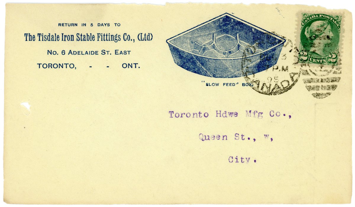 Canadian advertising cover for The Tisdale Iron Stable Fittings Co. - Toronto, Ontario - 1895. #Stamps #Philately