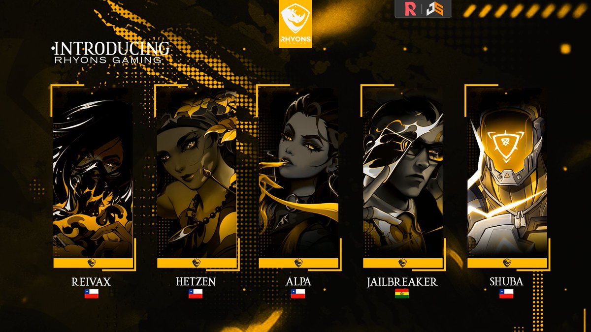 RhyonsGaming's tweet photo. PRESENTACIÓN OFICIAL: VALORANT

Hoy damos la bienvenida oficial a 
@RhyonsGaming 
 al equipo que nos estará representando en Valorant.

Ellos son:

🇨🇱💛
@ReivaX2505  

🇨🇱💛
@Hetzen8 

🇨🇱💛
@ShubaVAL 

🇧🇴💛
@Jailbreakerfps 

🇨🇱💛
Alpa

BIENVENIDOS ! 💛
#TheEraIsNow https://t.co/uEQrbkEt9v