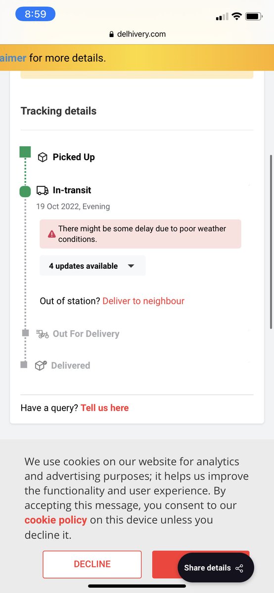 Drhimanigoyal2's tweet photo. Yesterday @delhivery team of Gohana received my parcel &amp; they were supposed to deliver it to me yesterday only. And now they are updating the status to 21st October &amp; reason is “POOR WEATHER”😳 its clean outside, stop lying to  your client, stop making us fool @ZARA @ZARA_Care https://t.co/gVy8VpGoq5