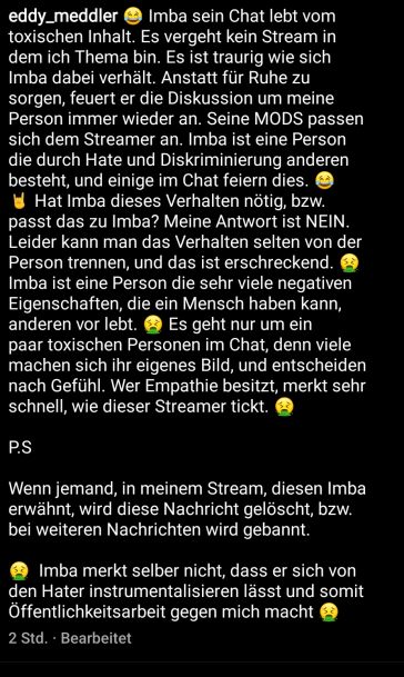 MeddlTokTV's tweet photo. Dieser @ImBaImanu ist schon ein Schlawiner, ein ganz ganz Böser.. 🤭Ein Eddy Meddler ist stets respektvoll, ehrlich und 100% transparent wie sonst keiner in D / A / CH - ISSO 🌚 PS: 100x den Insta-Post zu bearbeiten ist KEIN Event! 🤭

#TwitchDE #twitchtv #eddymeddler #MeddlTok https://t.co/UHdyR9y4vF