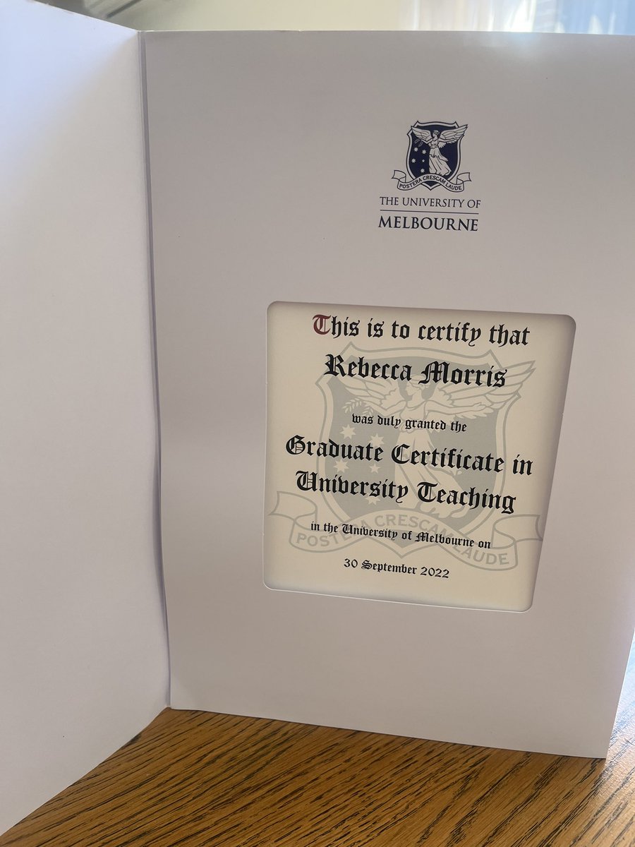 morris_becki's tweet photo. After finishing my PhD I thought my formal studies were over, but excited to have received the #GCUT from @MelbCSHE that I was able to finish after coming back from mat leave this year - it was so helpful for reflection and improvement of teaching practice - I highly recommend! https://t.co/IuVq6qG9Zr