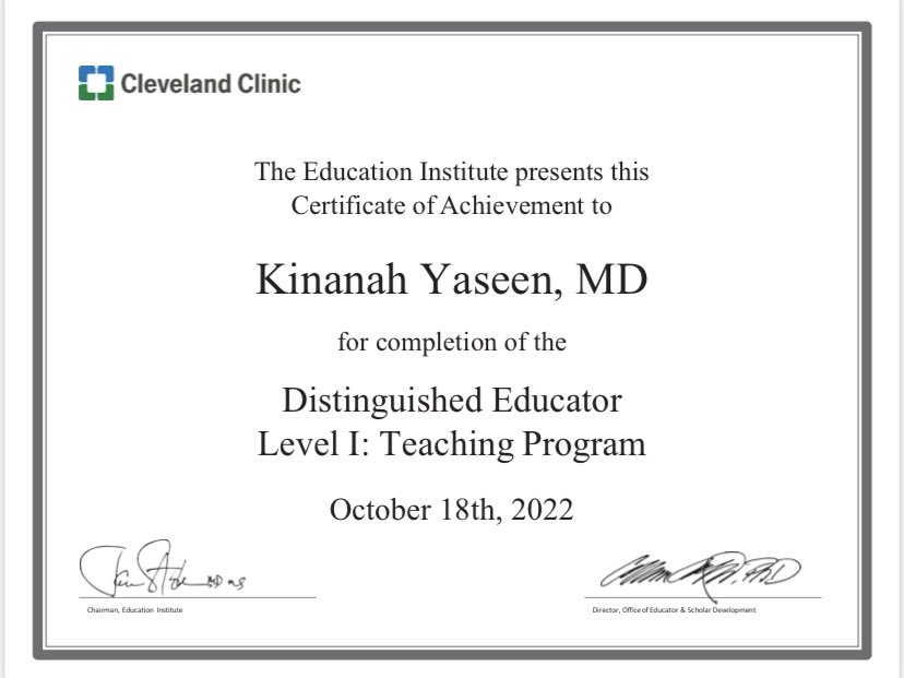 Honored to complete Distinguished Educator Program in Teaching 
Big thanks for my great mentors who taught me that educating patients, trainees and other physicians is as important and valuable as patient care.