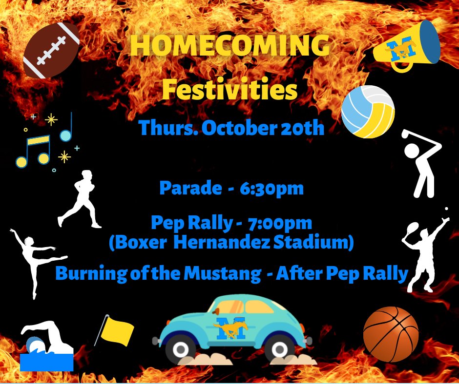 McAllenMemorial's tweet photo. Memorial Homecoming 2022
Parade: 6:30 pm
Pep Rally: 7:00 pm
Burning of the Mustang: Immediately after pep rally
GOOOOOO MUSTANGS!!! See you all tomorrow https://t.co/pXJzfXEgiB