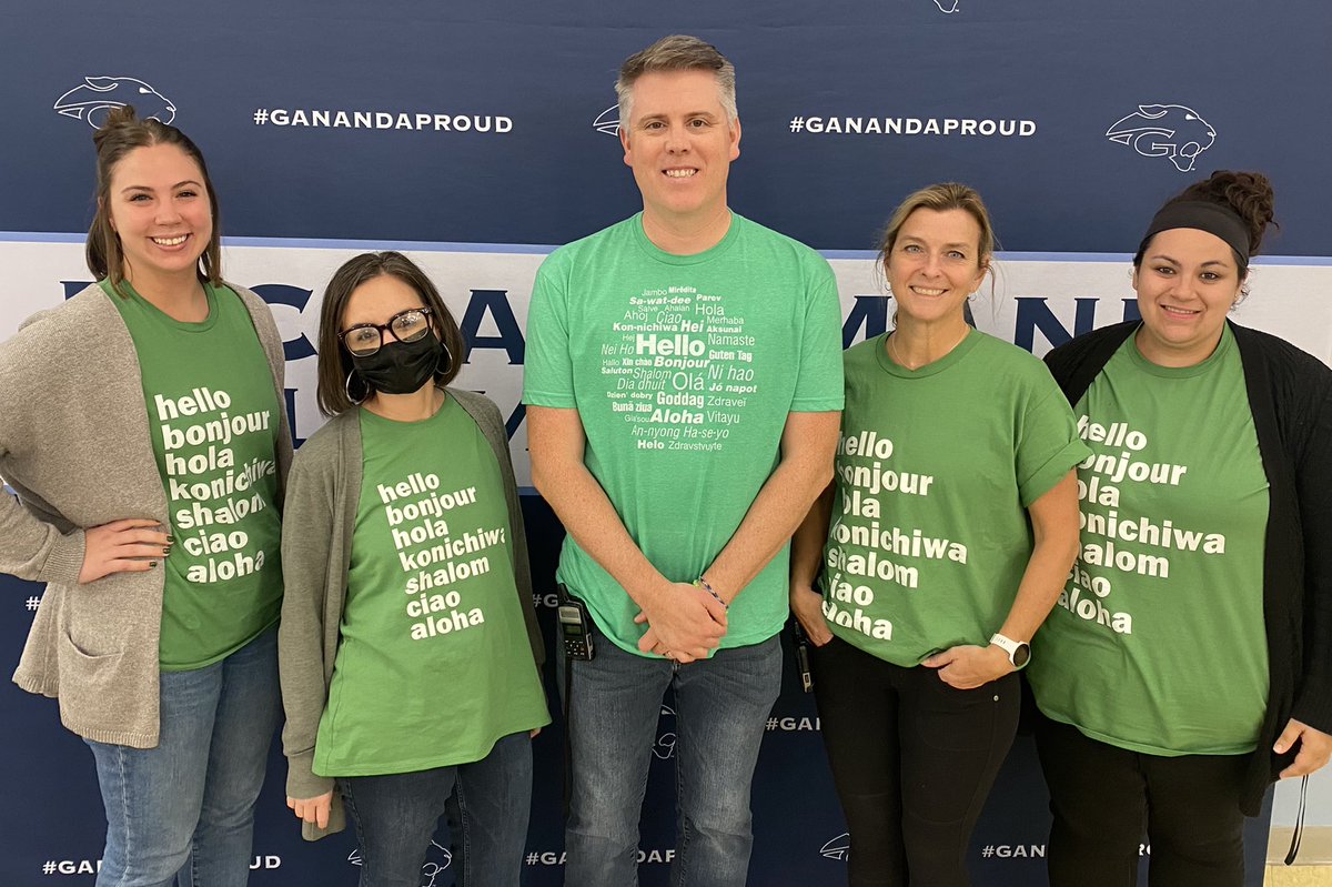 Katy_Lumb's tweet photo. When it’s 🟢 #WearGreenWednesday 🟢 for #StartWithHello Week and you find these tshirts, you immediately add them to your @amazon cart (and of course plan a group picture). 🛒 📸  #GanandaPROUD #empathy #inclusion #hello @MsMelissaReeves @Pedulla_Psyched https://t.co/a6yPS8E30v