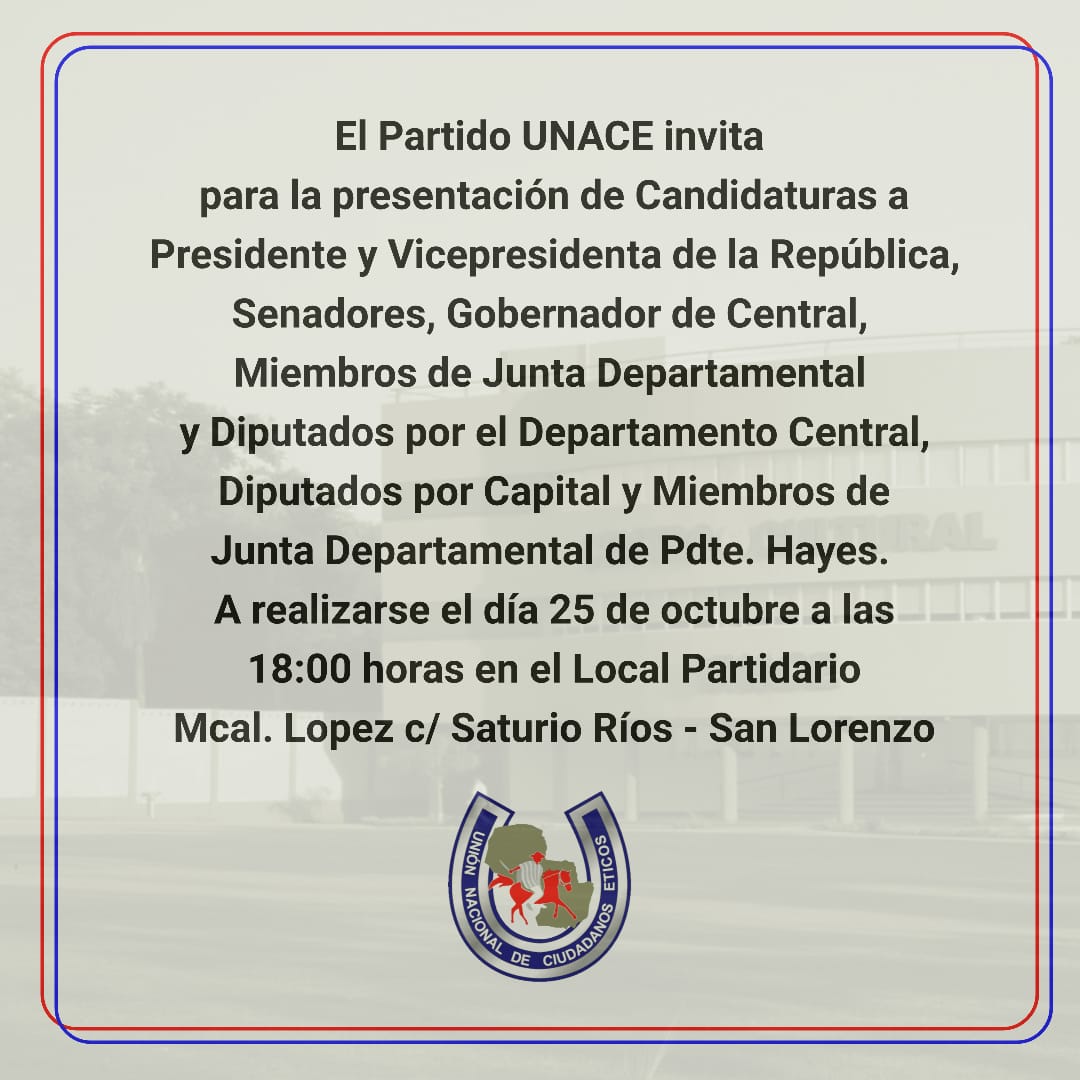 Francis970AM's tweet photo. UNACE BUSCA REVIVIR El Partido Unace, que fue fundado por el extinto general Lino Oviedo, busca revivir en la política nacional y para el efecto informa que presentará sus propios candidatos Legislativo y Presidencial. https://t.co/QgrMAqXomE