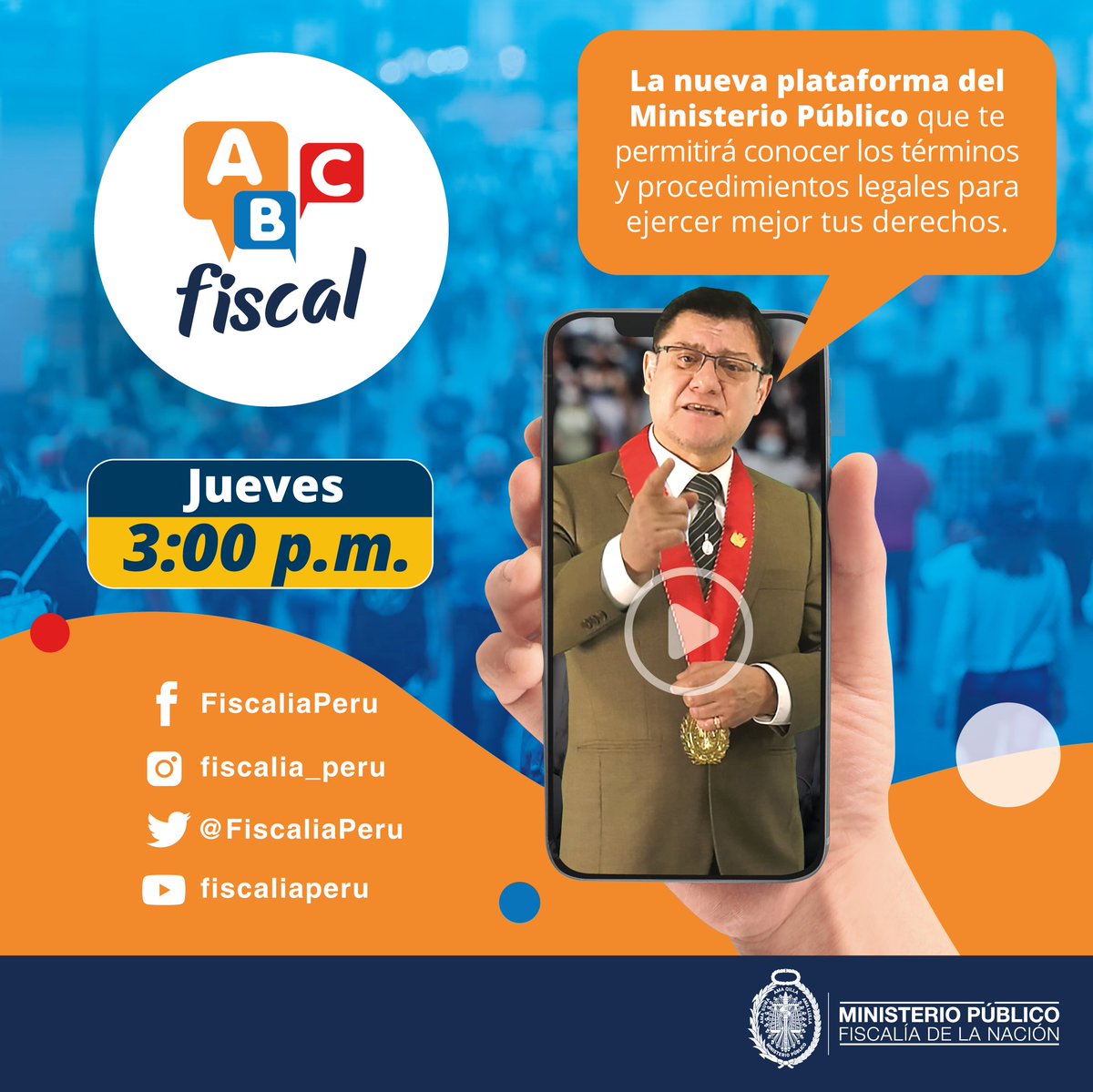 FiscaliaPeru's tweet photo. 🎤#ABCFiscal:
No te puedes perder una nueva edición del #ABCFiscal, plataforma que te permitirá conocer los términos y procedimientos legales para ejercer mejor tus derechos.
🔴A través de Facebook, Twitter e Instagram.
🗓  Día: Jueves 20 de octubre.
⏰Hora: 3:00 P.M. https://t.co/0VOUTs00gG