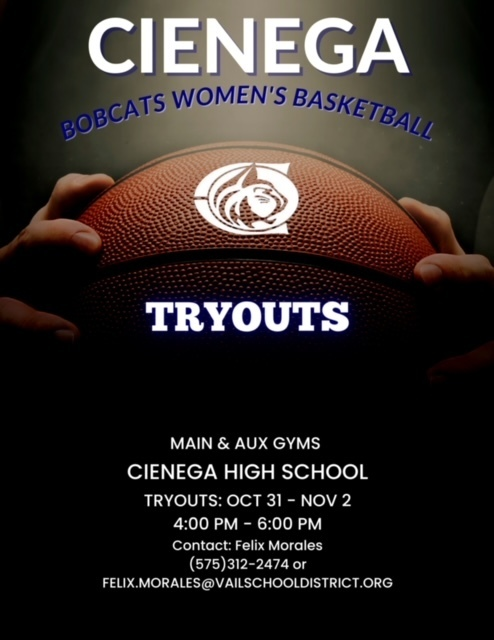 Hey CATS! 
Interested in trying out for Girl's Basketball this year? 
Girl's Basketball will be holding tryouts October 31st-November 2nd in our Main and AUX Gyms! 
We hope to see you there!
