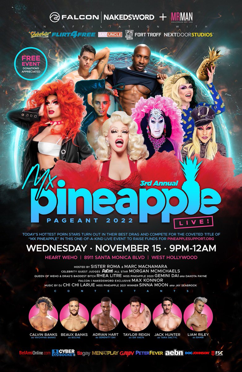 I’m so excited to be returning, LIVE, as a celebrity guest judge on November 15th with the 2022 Mx. Pineapple Pageant! 🍆👠🍍 Come join us at Heart WeHo as your favorite porn star drag artists compete & raise money for mental health services in the adult industry! @PineappleYSW