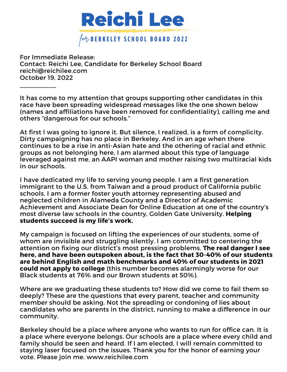 ReichiLee4BUSD's tweet photo. It's unfortunate I have to issue this statement but I needed to speak up. Dirty campaigning has no place anywhere, and certainly not in Berkeley. https://t.co/m9u1UjZw8k