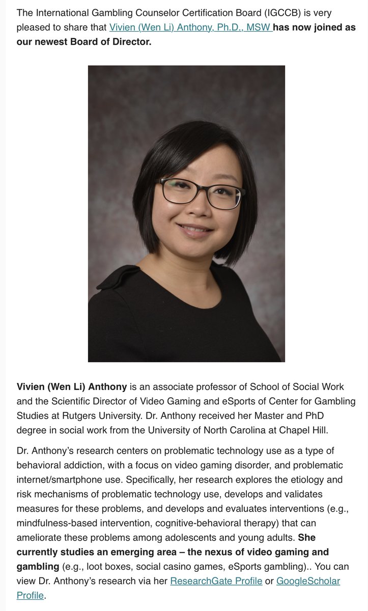 Congratulations to our very own Dr. Vivien Anthony, Associate Professor and Scientific Director of Video Gaming and eSports at the CGS, on her appointment to the board of directors of the IGCCB!