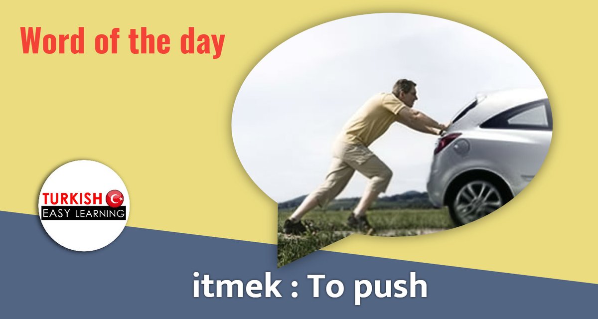 TurkishEasy's tweet photo. "Adam arabayı itiyor." (The man is pushing the car.) Now, you can write your own phrase with the verb "itmek".
.
.
.#learnturkish #Turkish #studyturkish #learnturkishlanguage https://t.co/atg247VBLZ