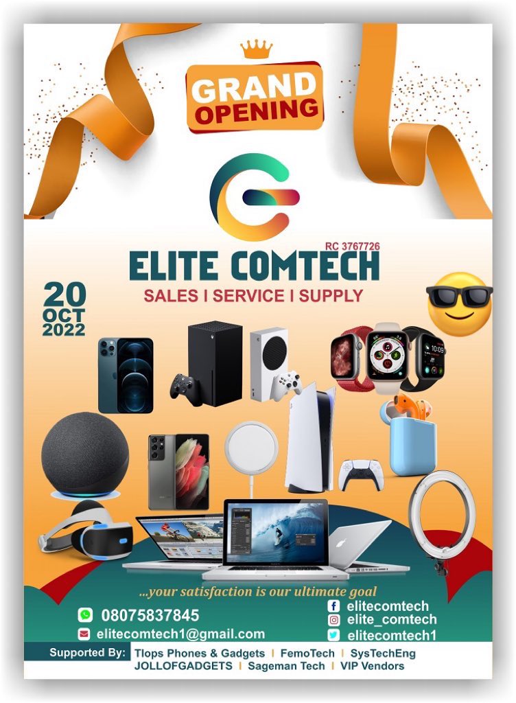 elitecomtech1's tweet image. It’s our official launch 🚀 today 
20/10/22 #TeamElite #EliteComTech #EliteGadgets #YourSatisfactionIsOurUltimateGoal