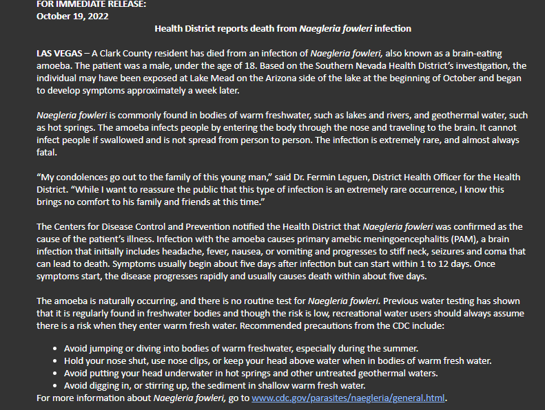 brettforrestTV's tweet photo. Southern Nevada Health District says a boy under 18 died from a brain-eating amoeba he may have gotten from Lake Mead. https://t.co/TMOAL2eSho
