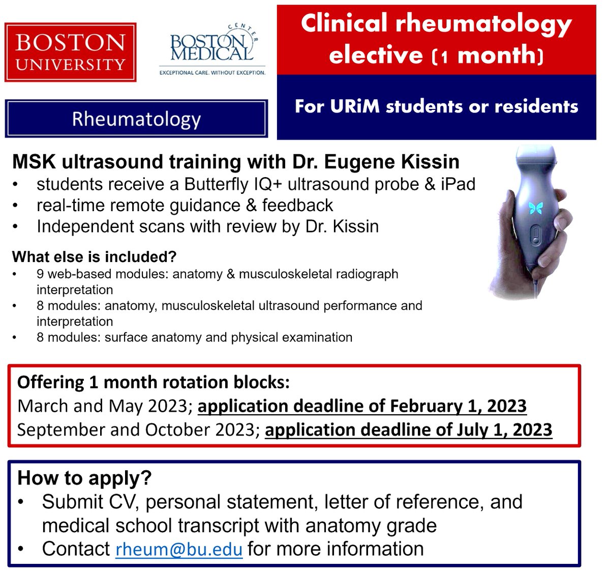 Announcing our 1-month musculoskeletal & imaging clinical rheumatology elective for URiM trainees! 🎚️💻What? MSK ultrasound training with Dr. Kissin with remote guidance & feedback 👩‍💻Who? Medical students & residents who meet the AAMC definition of underrepresented in medicine