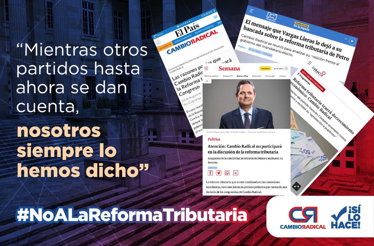 Lo hemos dicho y lo seguiremos diciendo: desde <a href="/PCambioRadical/">Cambio Radical</a> nos oponemos a la reforma tributaria del Presidente <a href="/petrogustavo/">Gustavo Petro</a> porque ni es social, ni es equitativa. Celebro que poco a poco otros partidos estén empezando a entenderlo. #NoALaReformaTributaria #SomosMás