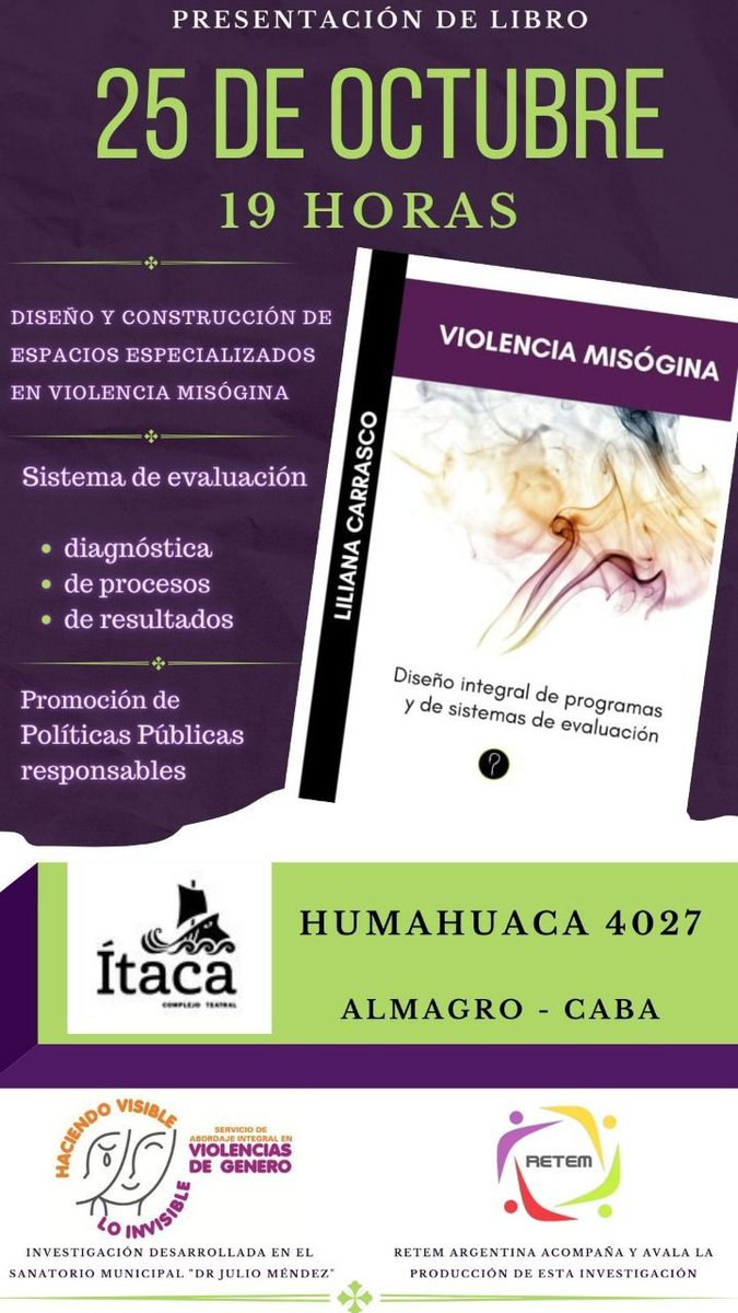 RETEM14's tweet photo. Hola 👋🏼  Invitamos a la presentación del nuevo libro de la Dra. Liliana Carrasco “Violencia misógina. Diseño integral de programas y de sistemas de evaluación”. Inscribite aquí 👉🏽  https://t.co/OA8hWLzxme  Te esperamos! https://t.co/6KjM1pA6Pm