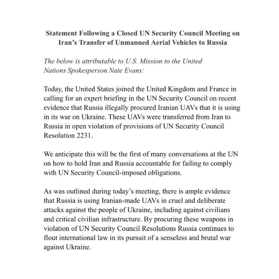 Today, the United States joined other countries to hear a briefing to the UN Security Council on Russia’s illegal acquisition of Iranian UAVs that are being used in its war on Ukraine. Our full statement: