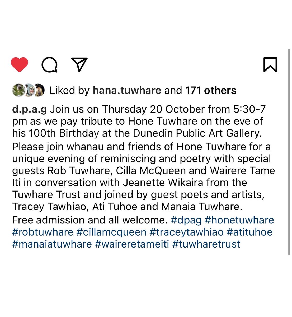 Tonight at <a href="/theDPAG/">Dunedin Art Gallery</a>! #Ōtepoti #Dunedin #arts #HoneTuwhare #tuwharetrust 

reposted from <a href="/HanaTuwhare/">Hana Tuwhare</a>