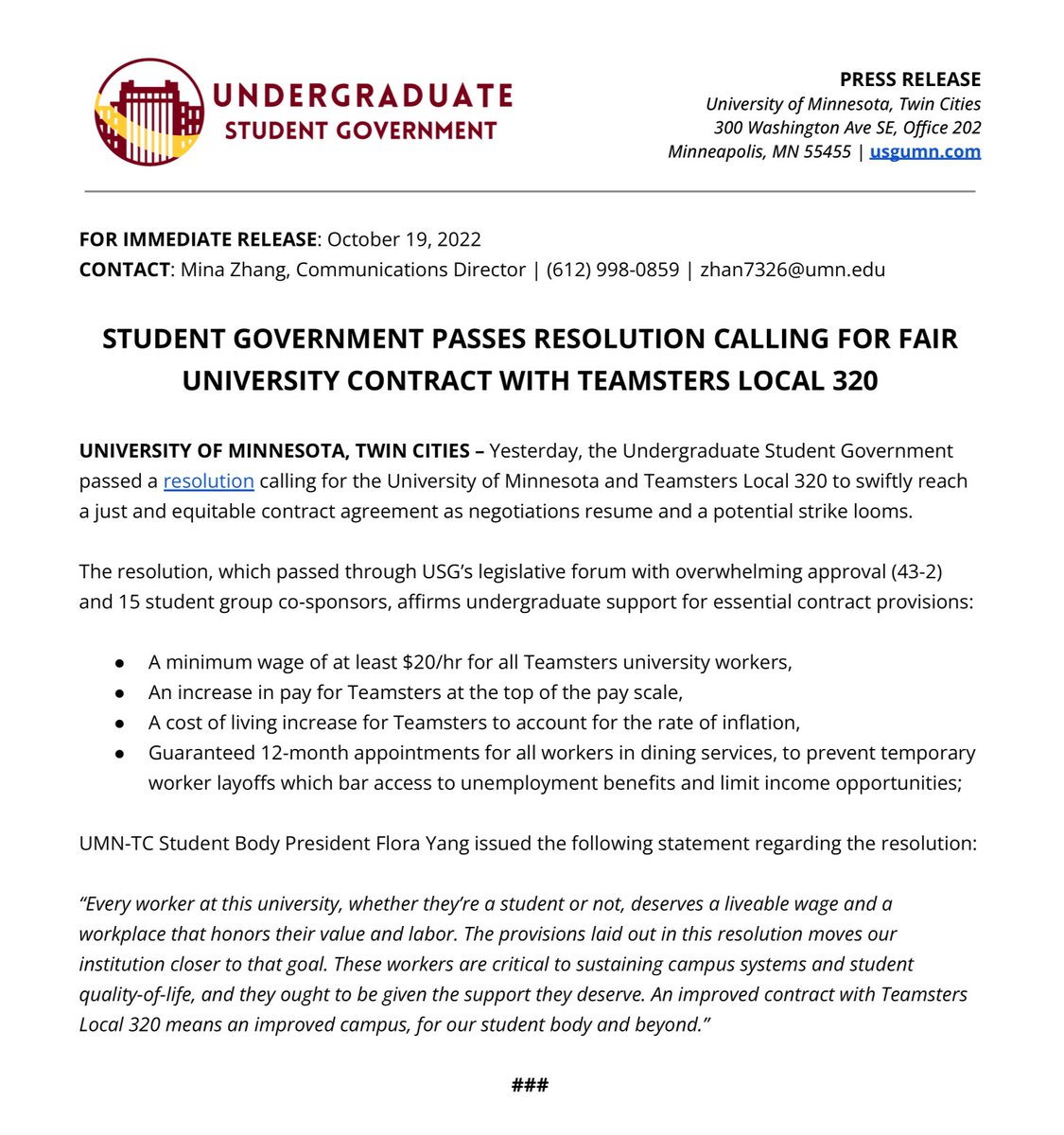 USGumn's tweet photo. Yesterday, our legislative forum overwhelmingly voted in favor of a resolution calling for @UMNews and @IBT_320 to reach a just and equitable worker contract.

Every worker at the U, student or not, deserves a livable wage. View our statement on the resolution below: https://t.co/YQ6MWVh8oD