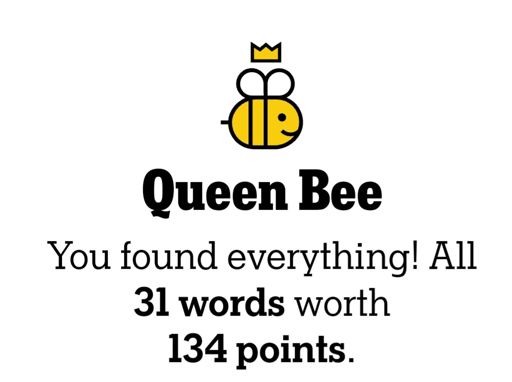 Wednesday #NYTSpellingBee- Wasn't sure I could go the distance, but @beesolved steered me to the last few. #nytsb #hivemind #spellingbee
