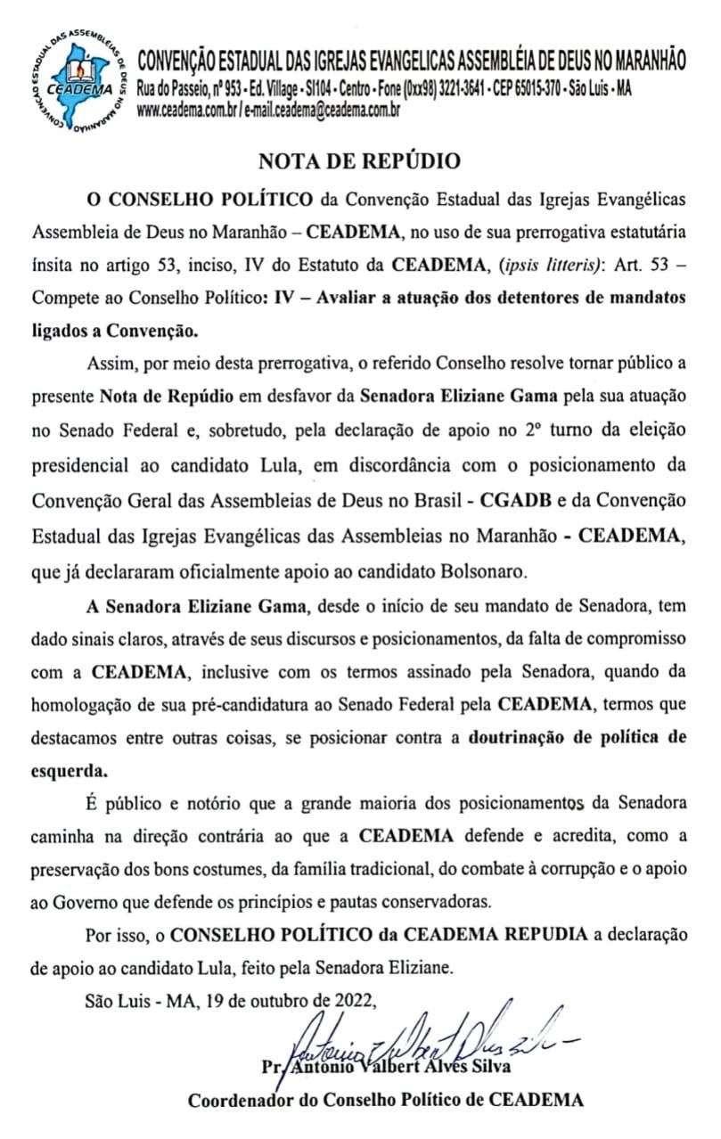 Nota da CEADEMA contra a senadora Eliziane Gama