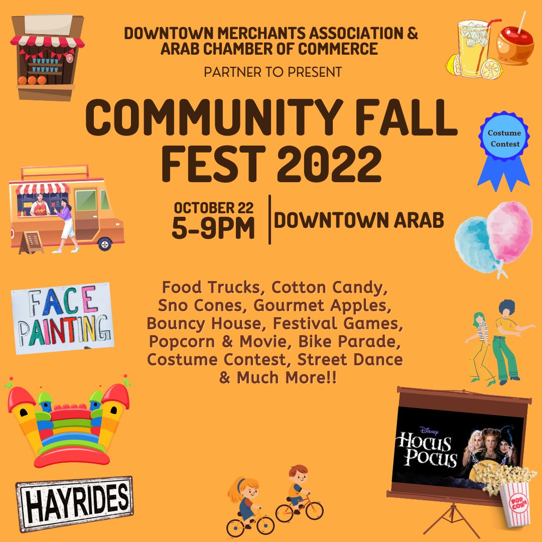 visitlakegville's tweet photo. The Arab Community Fall Fest is this Saturday, October 22 in Downtown Arab! There will be a ton of festival games, delicious food, costume contest and so much more!  The festival is from 5 p.m. until 9 p.m.

#explorelakeguntersville #lakeguntersville #arab #arabalabama #arabal https://t.co/IpnNcXF2iT