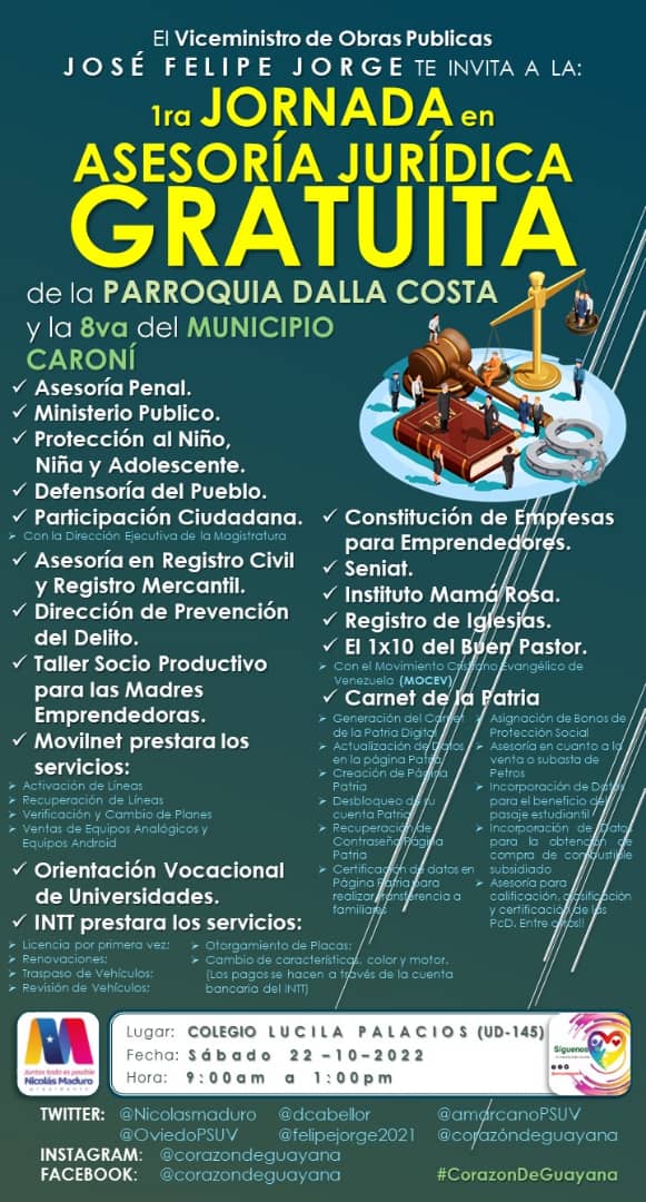 LulioM's tweet photo. 1ra JORNADA de ASESORÍA JURÍDICA GRATUITA parroquia DALLA COSTA MUNICIPIO CARONÍ

Invita el Viceministro de Obras Públicas JOSÉ FELIPE JORGE en conjunto al Gobernador ANGEL MARCANO y el ALCALDE TITO OVIEDO Sábado 22/10/2022 Colegio Lucila Palacios UD-145, de 9:00am a 1:00pm. https://t.co/XdFdEnFhxh