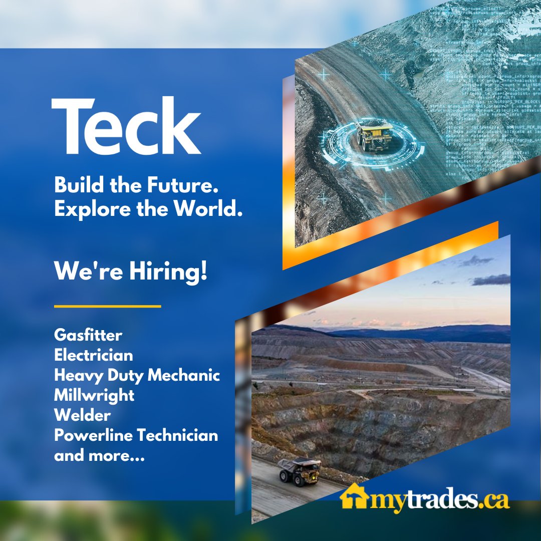 Teck is Hiring! Build the Future. Explore the World. View all our jobs at bit.ly/3MOPTv8 #teckresources #mining #gasfitter #electrician #heavydutymechanic #millwright #welder #jobs #hiringnow #career #skilledtrades #mytrades mytrades.ca
