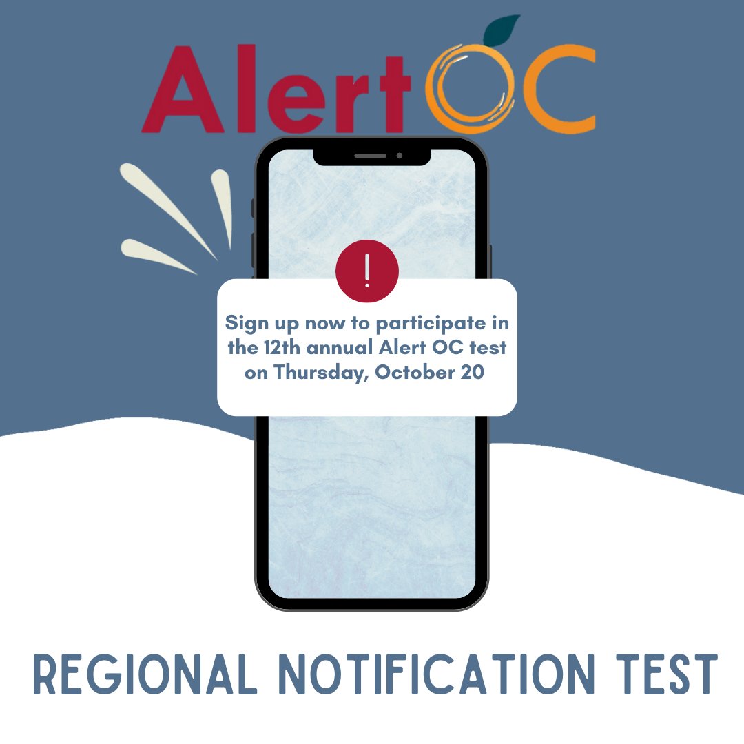 OCSheriff's tweet photo. Register now at https://t.co/sd3maupVs9 to be part of the 12th Annual #AlertOC 🚨 Test on October 20. Residents from participating areas will receive a test notification through a call, text or email from Alert OC. Check our list to see if your city is participating. https://t.co/U29gYjuczT