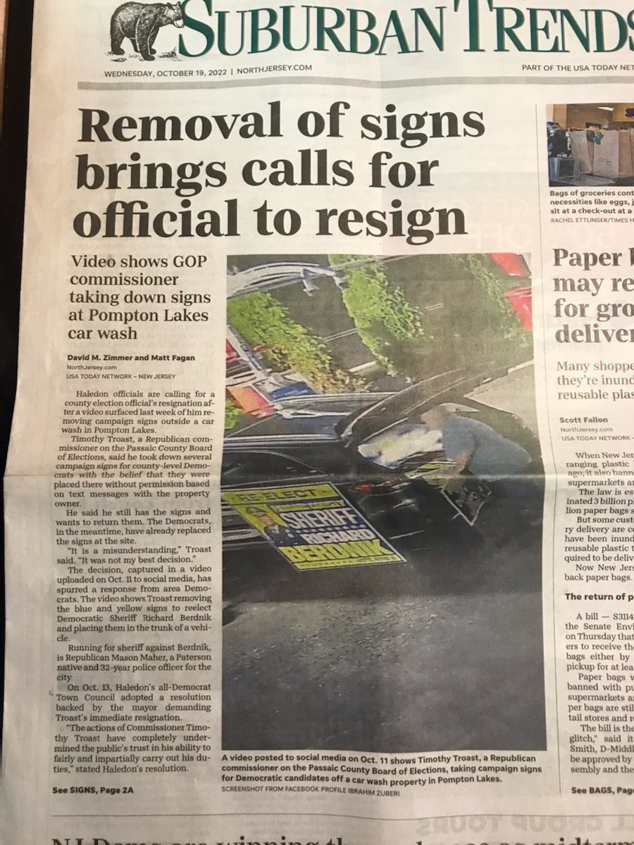 TheCCPL's tweet photo. Front page of the #SuburbanTrends today #PomptonLakes #Signsteal #Election2022 #NewJersey #PassaicCounty #GOP #RepublicanParty #BoardofElections @emeakem https://t.co/T7A1nyeuaO