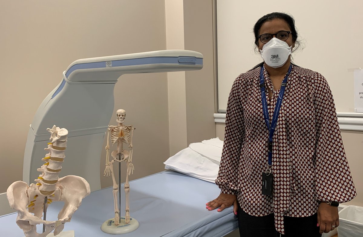 Today is World Osteoporosis Day, raising awareness of the condition which causes bones to become thin, weak and fragile. Ashwini Kale (pictured) manages our Bone Density team and helps to detect osteoporosis by using scanning machines just like this.