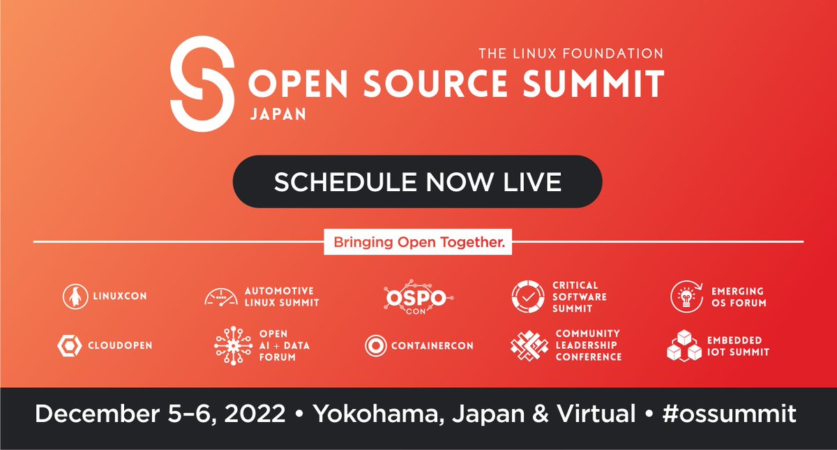 FYI: The Open Source Summit Japan schedule is LIVE, packed with 2 days of sessions on #Linux, #Automotive, #AI + Data, #Cloud, Community #Leadership, #OSPO + more! View the schedule: hubs.la/Q01qc51h0. Register by Oct 24 to save US$175: hubs.la/Q01qc8yT0 #OSSummit