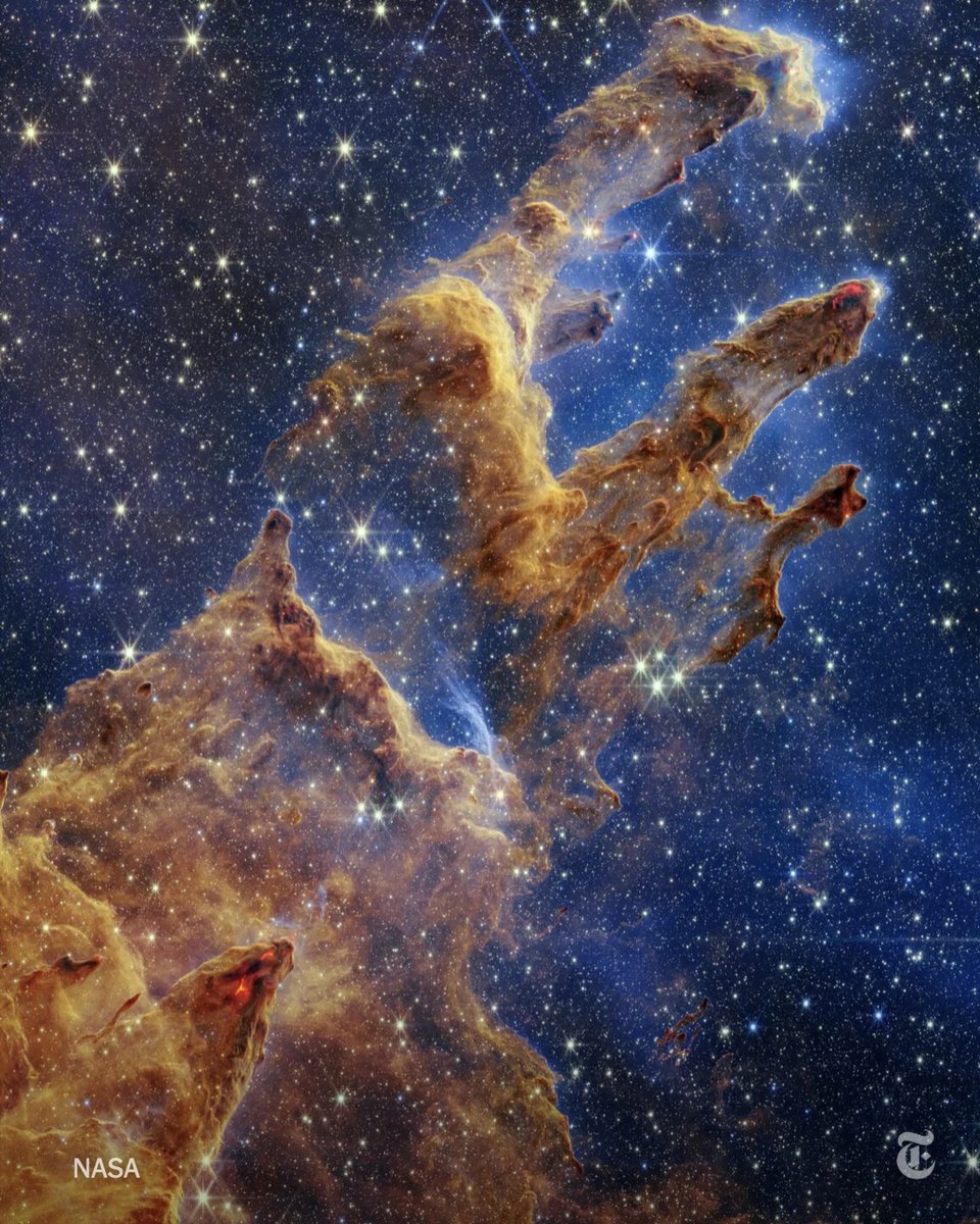 The James Webb Space Telescope released on Wednesday a new view of the cosmic landscape called the Pillars of Creation. nyti.ms/3TF6pjz