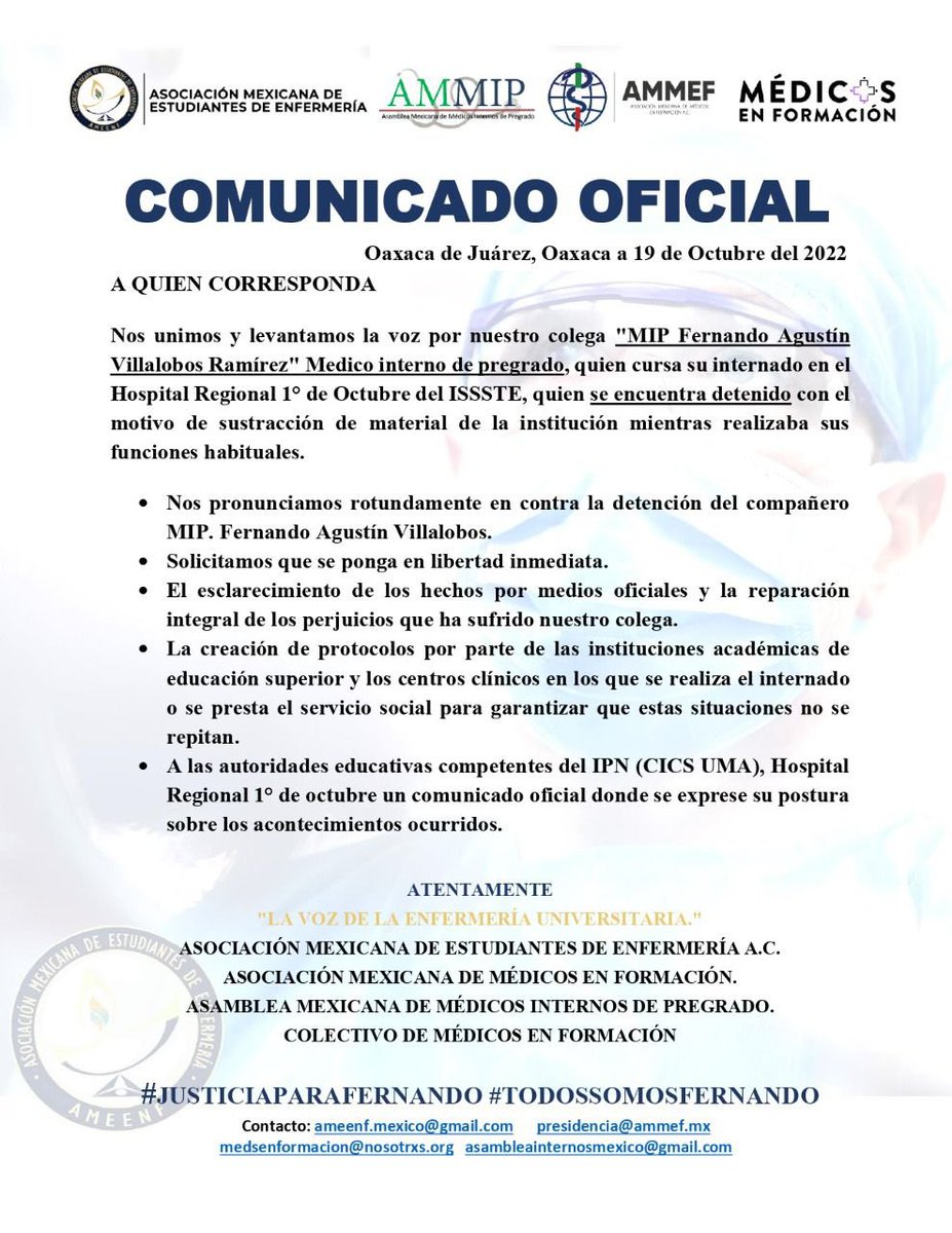 AMEENF_Mx's tweet photo. #JUSTICIAPARAFERNANDO

📌 No permitiremos que se sigan vulnerando nuestros derechos, ni que estudiar alguna carrera del area de la salud represente un riesgo para nuestra integridad y/o nuestra vida.

#TodosSomosFernando 
#JusticiaParaFernando https://t.co/SJ5TJ0nNLe