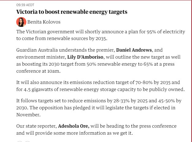 ActOnClimateVic's tweet photo. BREAKING: Andrews govt announces that Victoria will have:
- An emissions reduction target of 75-80% by 2035
- A renewable energy target of 95% by 2035
- Our energy system back in public hands!
More to come, stay tuned. #springst #VicClimateSolutions https://t.co/7dADYmZt4g