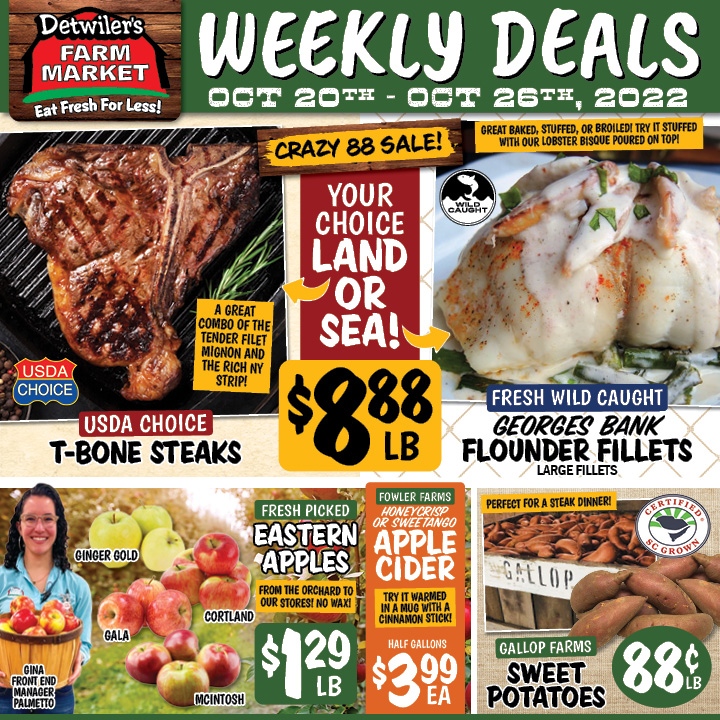 DetwilersMarket's tweet photo. It's our Crazy 88 Sale! T-bones, flounder, ground beef, sweet potatoes and more! Come on by to see us this week and stock up on these great deals. #eatfreshforless https://t.co/FxK1l878c1