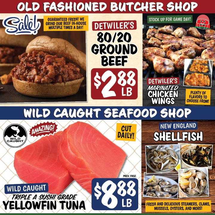 DetwilersMarket's tweet photo. It's our Crazy 88 Sale! T-bones, flounder, ground beef, sweet potatoes and more! Come on by to see us this week and stock up on these great deals. #eatfreshforless https://t.co/FxK1l878c1