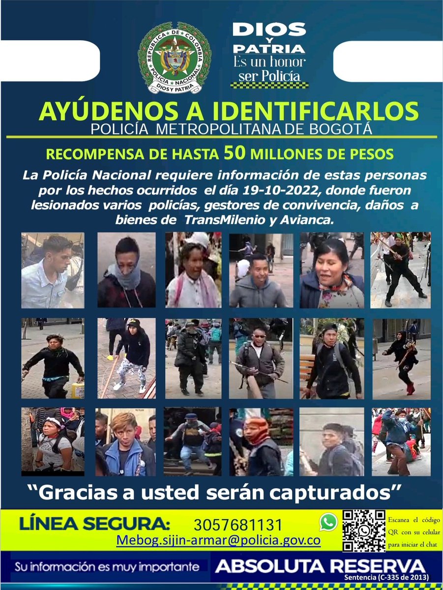 PoliciaBogota's tweet photo. #Atención| 🚨Hasta 50 millones de pesos en recompensa por información que ayude a identificar a estas personas, quienes habrían participado en los hechos de violencia en la tarde de este miércoles en el Centro de Bogotá. #DiosYPatria https://t.co/dJ10uVc89M