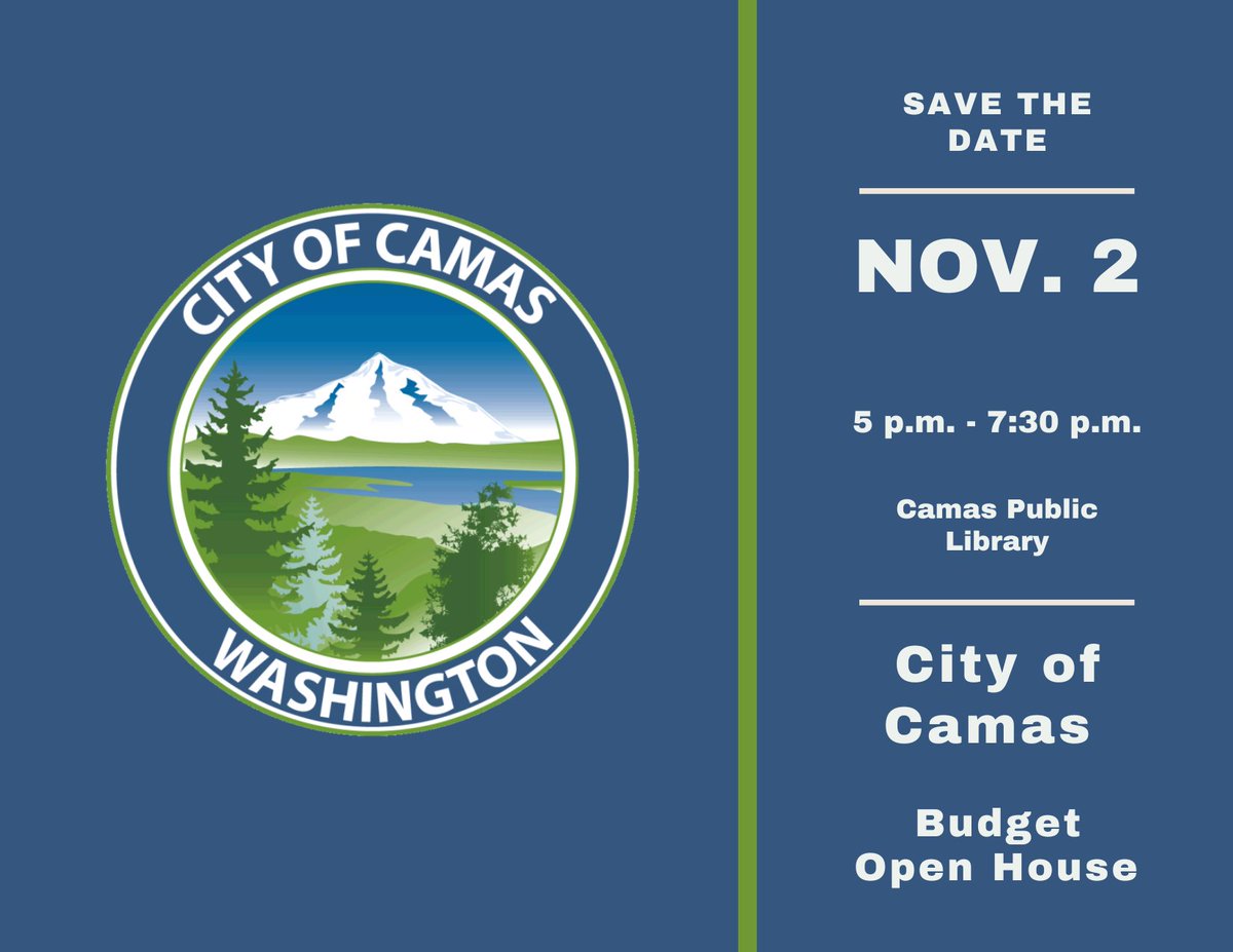 Save the date! You're invited to learn more about the Mayor's Recommended 2023 - 2024 Budget and the impact of the possible Utility Tax increase at the City of Camas Budget Open House
Nov. 2, 5 p.m. - 7:30 p.m., Camas Public Library, Second-floor meeting room.