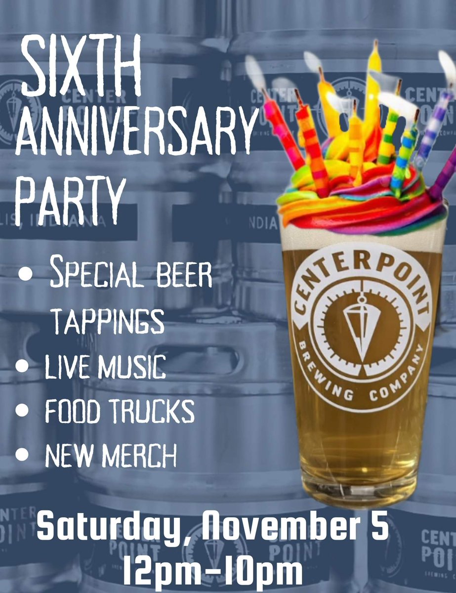 2 1/2 weeks left until we celebrate 6 years of Centerpoint! 

You've supported us through opening a brewery, equipment malfunctions, a global pandemic, road closures &amp; more. We can't begin to explain how thankful we are &amp; look forward to celebrating with you on November 5th!