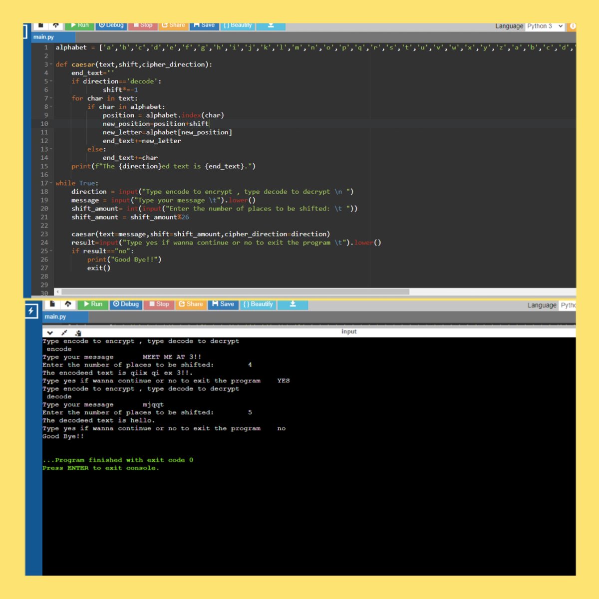 Breesa_Eliswa's tweet image. Day 62 ✅️ of #100DaysOfCode 
#Python #Caesar_Cipher