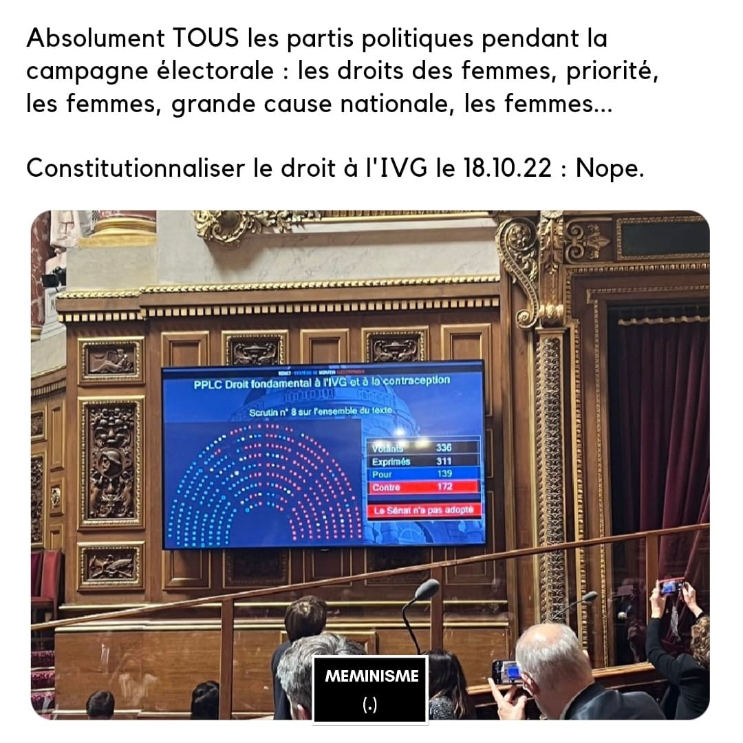 JulyLoot's tweet photo. Les hommes devraient même pas avoir le droit de vote sur ce genre de lois, putain ! S'ils avortaient, y a longtemps qu'il existerait des prix et des médailles pour ça, en vrai...
@Senat #IVGdanslaConstitution #ivg #patriarcat #droitsdesfemmes #meminisme https://t.co/r5uJIB5XQL