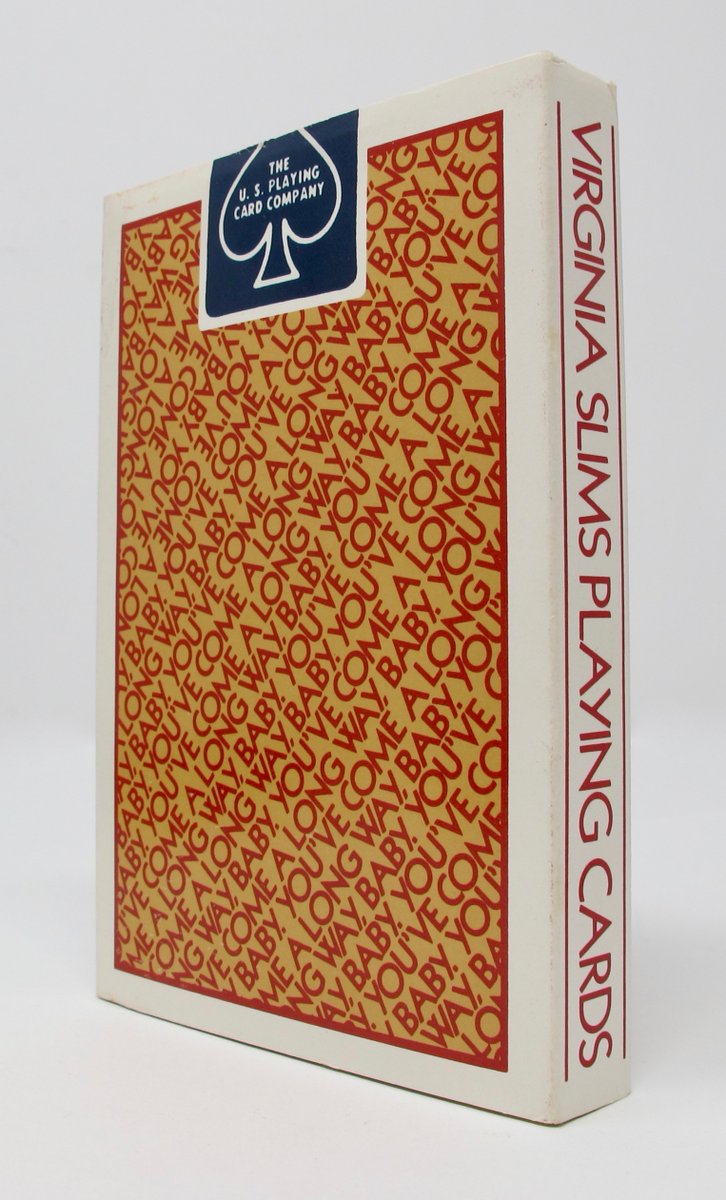 docbrite's tweet photo. Virginia Slims cigarettes' 1970s and 1980s advertising was unique in being aimed at women, with the slogan "You've Come A Long Way, Baby." This slipcase printed with the slogan contains 2 packs of standard-sized playing cards with images of famous women. 

https://t.co/MFb7FtdZ7B https://t.co/HrUS72FdGi