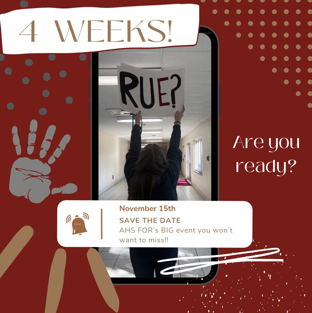 AHS_FOR's tweet photo. Save the date! Any guesses of what our big event is? Get excited because it's going to be fun! #rachelschallenge #startachainreaction https://t.co/MQw4QgtdJd