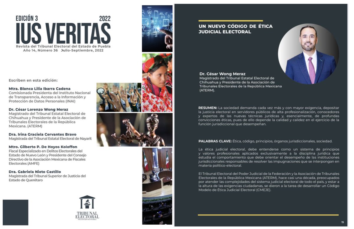 trielecpue's tweet photo. Te compartimos el artículo del Dr. @cesarlwong, Magistrado del @TEE_Chihuahua y Pdte. de la @ATERMAC, que se publica en nuestra revista #IUSVeritas 

“UN NUEVO CÓDIGO DE ÉTICA
JUDICIAL ELECTORAL”

Consúltalo aquí:
🖊️ https://t.co/rYK0uss6Zp https://t.co/BLOxxRXWcQ