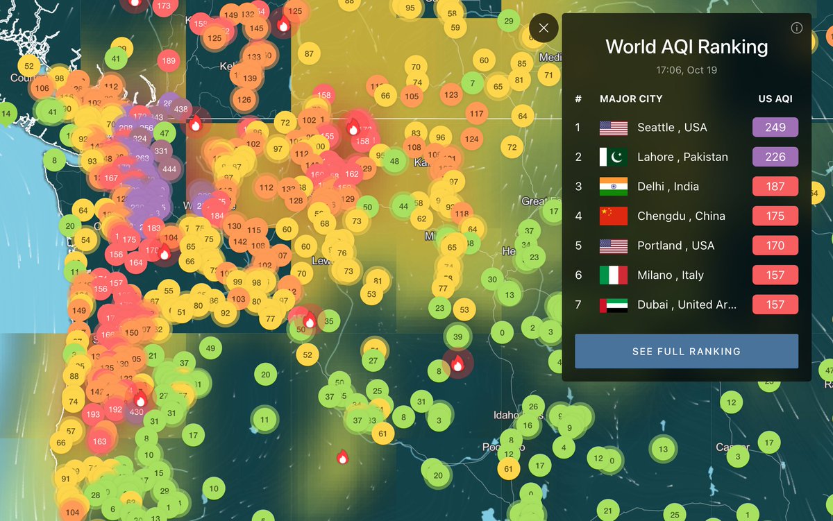 Seattle now has the worst air quality on Earth.

Current ranking of large cities around the world:
1. Seattle
2. Lahore
3. Delhi
4. Chengdu
5. Portland