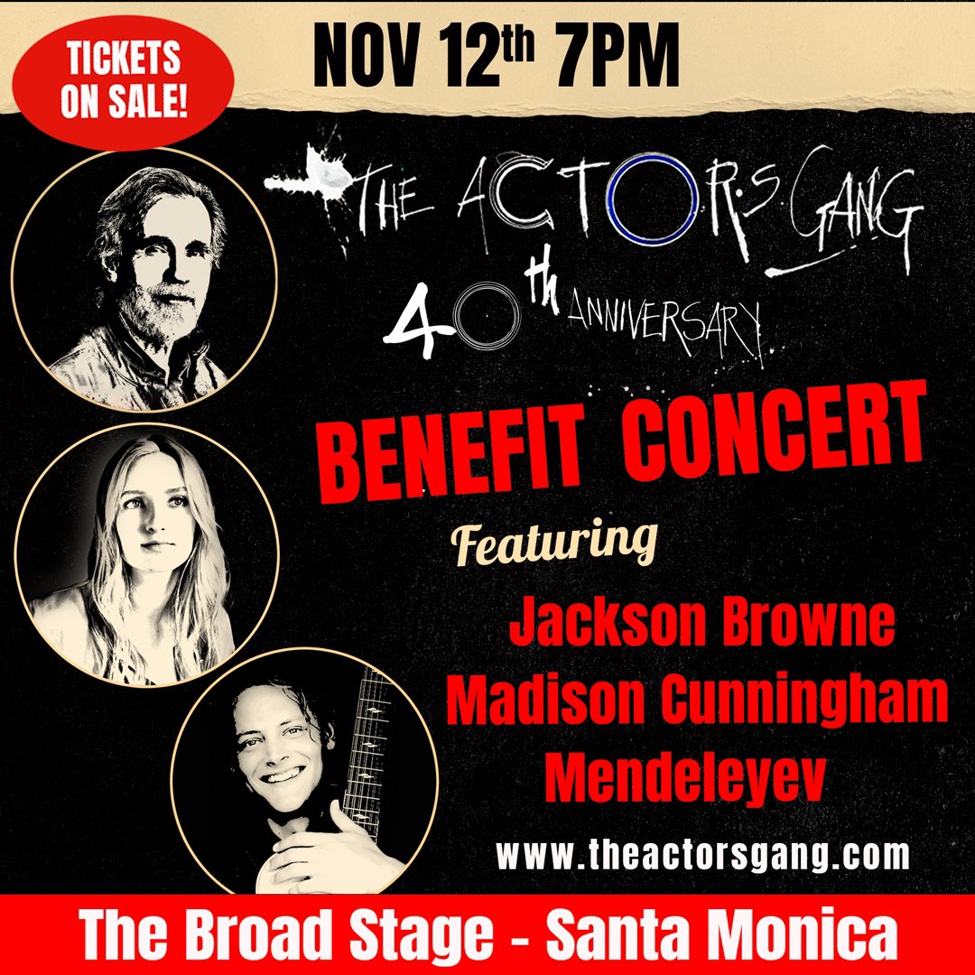 Jackson Browne (@jacksonbrowne) on Twitter photo Join Jackson, Grammy nominee #MadisonCunningham and <a href="/NBCTheVoice/">The Voice</a> sensation <a href="/MendeleyevMusic/">Mendeleyev</a> for a special benefit concert celebrating <a href="/TheActorsGang/">The Actors' Gang</a> 40th Anniversary
Saturday November 12th, 7PM at <a href="/broadstagesm/">BroadStage</a> #SantaMonica, CA
ci.ovationtix.com/35132/producti… Join Jackson, Grammy nominee #MadisonCunningham and <a href="/NBCTheVoice/">The Voice</a> sensation <a href="/MendeleyevMusic/">Mendeleyev</a> for a special benefit concert celebrating <a href="/TheActorsGang/">The Actors' Gang</a> 40th Anniversary
Saturday November 12th, 7PM at <a href="/broadstagesm/">BroadStage</a> #SantaMonica, CA
ci.ovationtix.com/35132/producti…