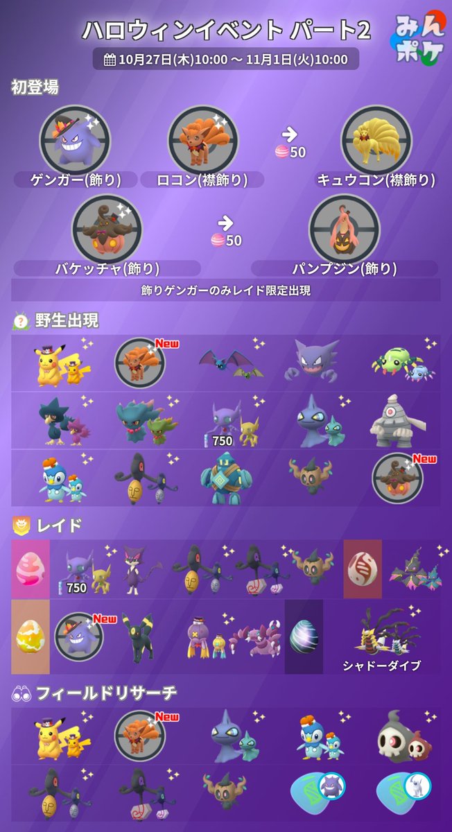 ポケモンgo攻略 みんポケ ハロウィンイベントパート2の詳細が発表されました 開催期間 10月27日 木 10 00 11月1日 火 10 00 コスチュームポケモン5種初登場 飾りゲンガーのみレイド限定出現 ギラティナ O もシャドーダイブ習得 ボーナスなど