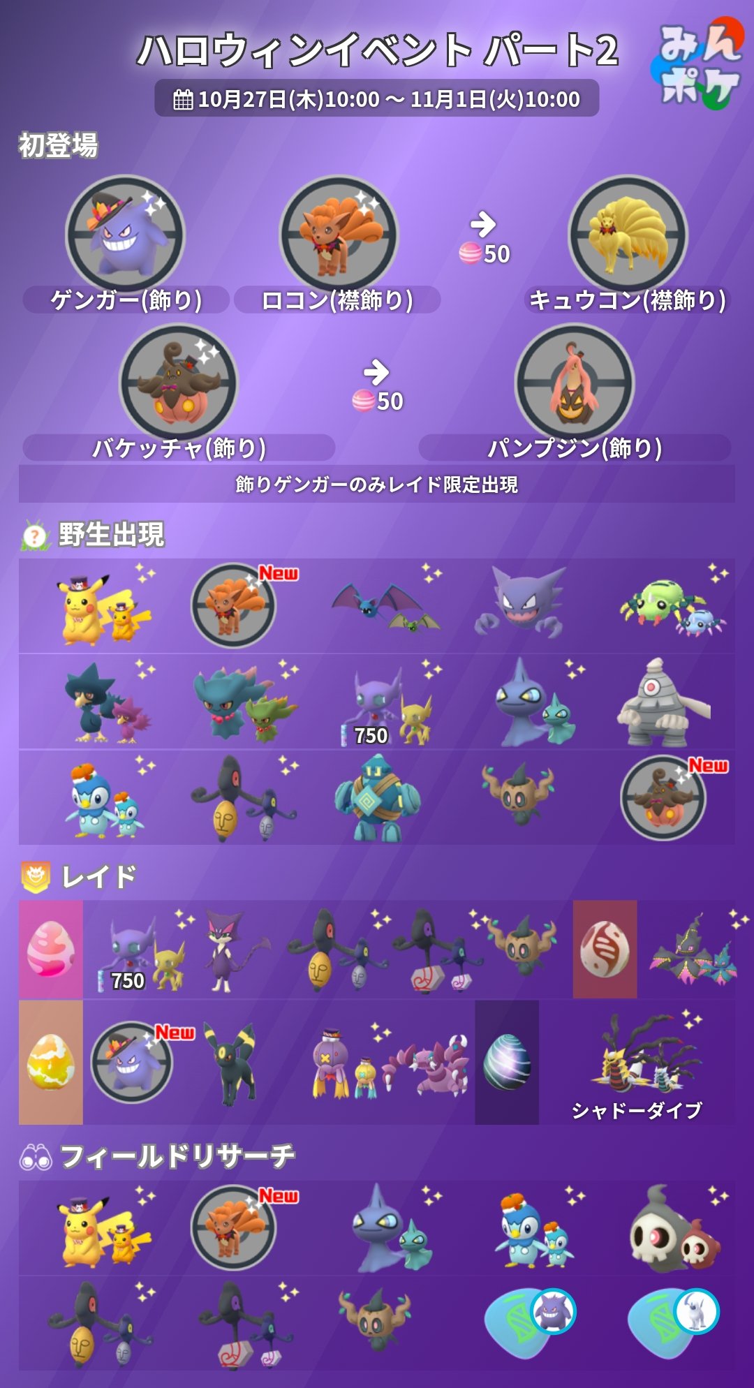 ポケモンgo攻略 みんポケ ハロウィンイベントパート2の詳細が発表されました 開催期間 10月27日 木 10 00 11月1日 火 10 00 コスチュームポケモン5種初登場 飾りゲンガーのみレイド限定出現 ギラティナ O もシャドーダイブ習得 ボーナスなど